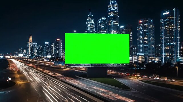 Green Screen Advertising with large billboard a megapolis highway neon lights skyscrapers on background city traffic at night distortion, overlay, glitch, static noise, scan lines black background, 4k
