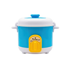 Cute blue and white cartoon rice cooker with yellow accents isolated on transparent background
