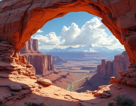 Illustration presents canyon view from natural arch. Red rock formation frames scenic landscape with mountains and sky. Desert scene portrays beauty of outdoors wilderness adventure.