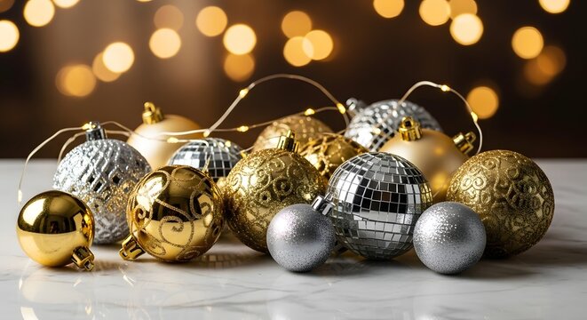 Festive collection of gold and silver christmas ornaments with bokeh lights
