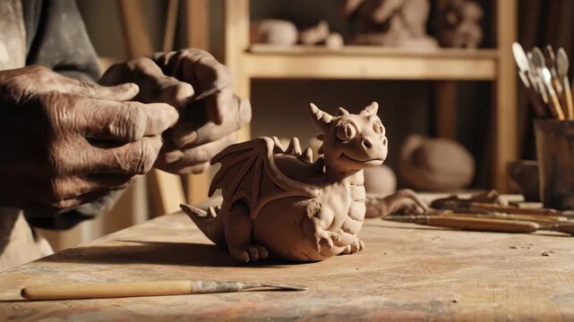 Clay Dragon Sculpture Creation - Close-up shows the hands of a sculptor carefully shaping a small clay dragon figurine.