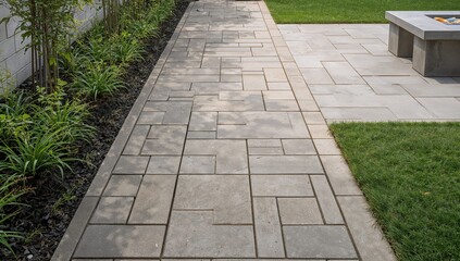 Fototapeta premium Serene Stone Path. A Symphony of Green and Gray in a Modern Landscape Design.