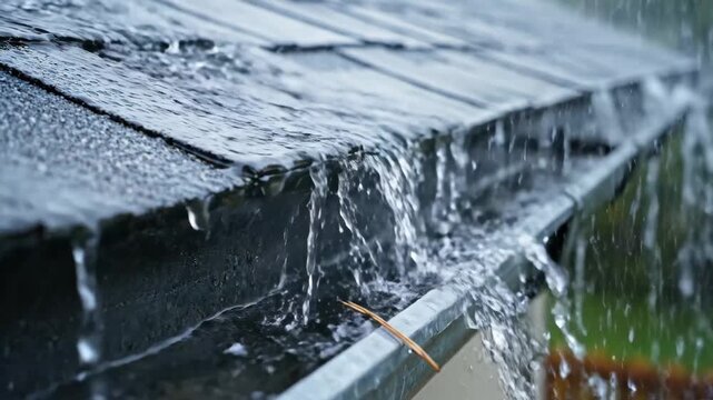 Heavy Rain Overflows Gutter - A close-up shot of a roof with dark shingles and a metal gutter, overflowing with rainwater.