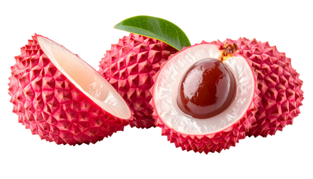 Close-up of several ripe lychees, one cut open revealing the seed, with a leaf