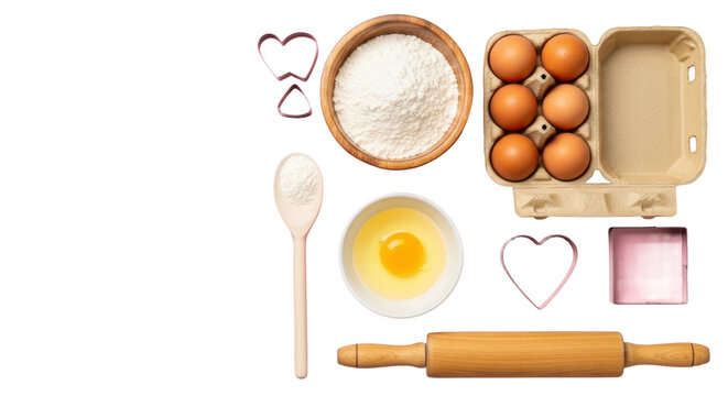 Rustic wooden bowl with powdery flour, eggs in carton, vibrant yolk, spoon, heart cutter, rolling pin on pastel pink, flat lay, soft studio light. Concept of meticulous baking preparation