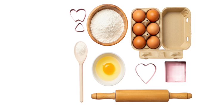 Rustic wooden bowl with powdery flour, eggs in carton, vibrant yolk, spoon, heart cutter, rolling pin on pastel pink, flat lay, soft studio light. Concept of meticulous baking preparation