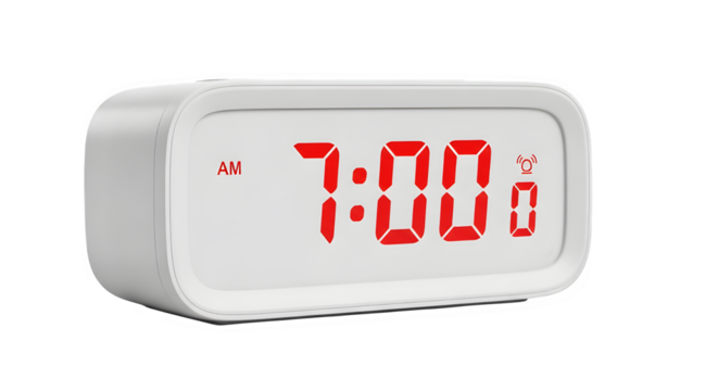 Digital alarm clock displaying 7 oclock isolated on transparent background, time management concept - Powered by Adobe
