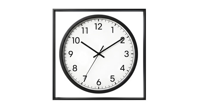 Classic round wall clock with black frame isolated on transparent background, time concept