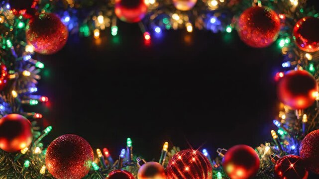 Christmas Ornaments and Lights Frame - This video shows a festive frame composed of red Christmas ornaments and colorful string lights.