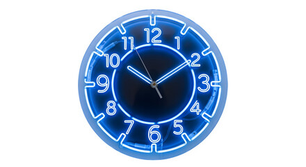 Neon clock isolated on transparent background with blue light showing the time and numbers
