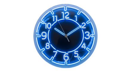 Neon clock isolated on transparent background with blue light showing the time and numbers