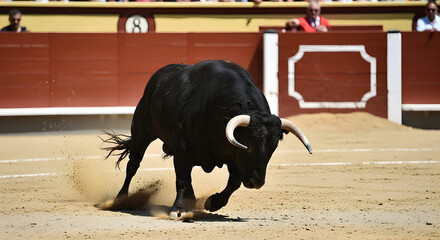 Furious black bull with big horns running in sand arena during bullfighting event