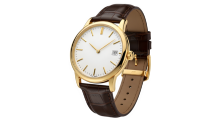 Elegant gold wristwatch isolated on transparent background with leather strap and classic design