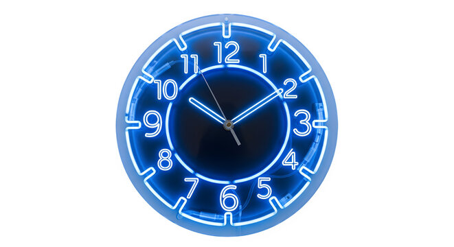 Neon clock isolated on transparent background with blue light showing the time and numbers - Powered by Adobe