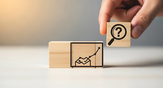 Hand placing a wooden block with a magnifying glass and question mark symbol on top of another block with a growing chart illustration, representing research and problem solving