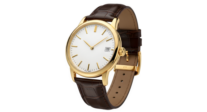Elegant gold wristwatch isolated on transparent background with leather strap and classic design