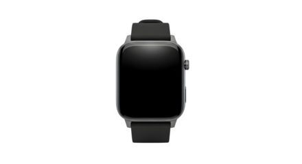 Sleek black smartwatch isolated on transparent background with a blank screen for customization