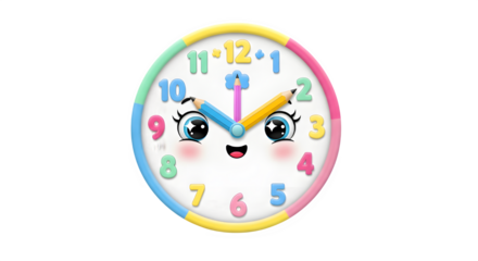 Cute cartoon clock with a smiling face isolated on transparent background shows the time