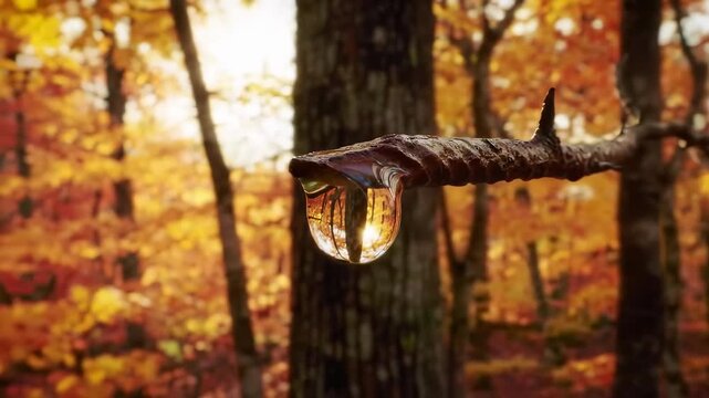 Maple sap drips in a golden autumn forest, reflecting vibrant fall foliage in a pristine drop.