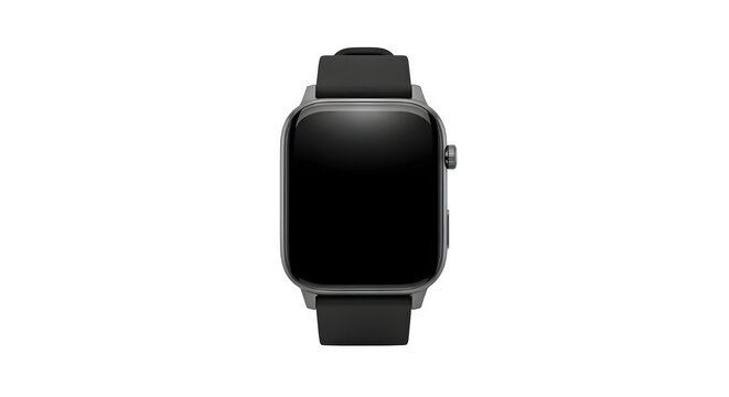 Sleek black smartwatch isolated on transparent background with a blank screen for customization