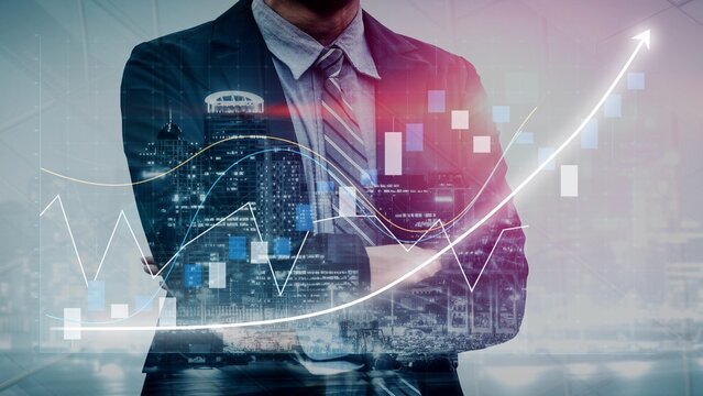 A business professional stands confidently in front of a city skyline, with data analysis graphics illustrating financial growth and market trends, highlighting modern office dynamics. Copula