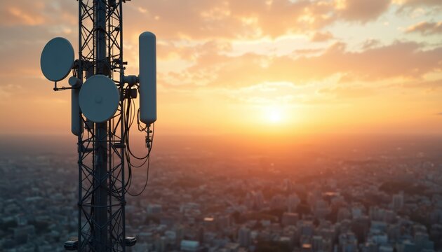Cell tower antenna against a golden sunset sky over a blurred cityscape. This infrastructure transmits signals for mobile phones and internet, connecting modern urban life. - Powered by Adobe