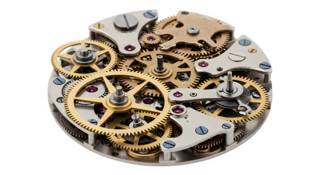 Closeup of intricate watch mechanism isolated on transparent background showcases precision engineering