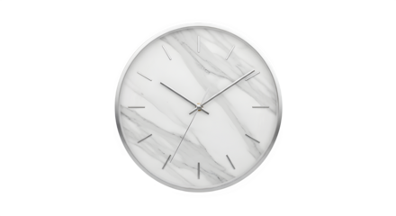 Modern round wall clock with a marble pattern isolated on transparent background, time concept