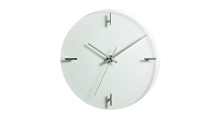 Modern minimalist clock with silver hands and hour markers isolated on transparent background