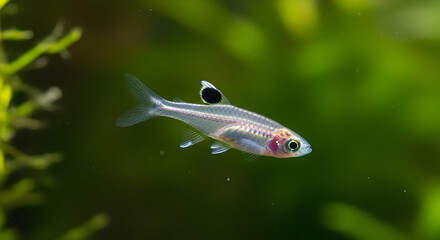 Closeup of a single mosquito rasbora fish swimming in a freshwater aquarium with green plants