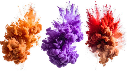 Three bursts of vibrant colored ink exploding upwards, isolated on black