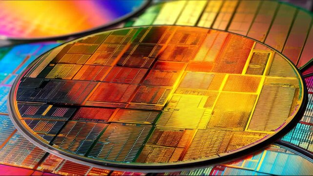 Shimmering silicon wafers showcasing intricate patterns and vibrant colors in a high-tech manufacturing facility