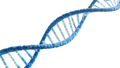 A close-up illustration of a blue, twisting DNA double helix strand against black