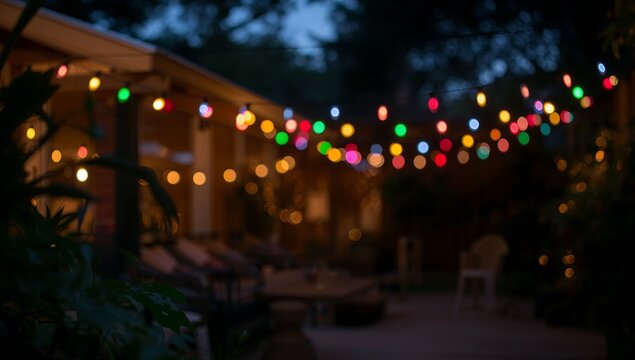 String Lights in the Evening, A Dreamy Abstract Colorful Spheres Adorn the Dim.