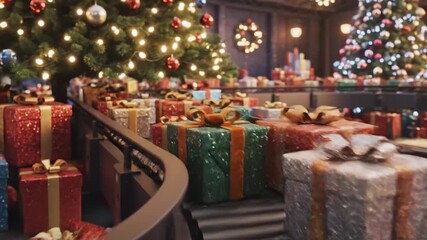 Festive Christmas Gift Conveyor - Close-up view of decorated Christmas presents moving along a conveyor belt. Festive Christmas trees illuminated by string lights are visible in the background. - Powered by Adobe