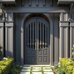 High dark grey home door aluminum gate gray slats portal garden of suburb house  