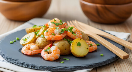 Close up of delicious shrimp and potato salad with parsley garnish on a slate plate