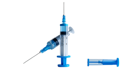 Two syringes with a detached cap against a black backdrop, one upright