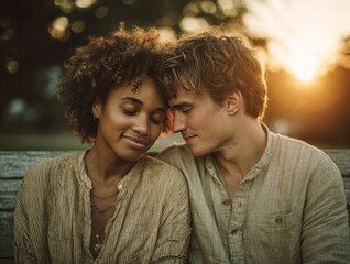 Interracial couple sharing intimate moment at sunset