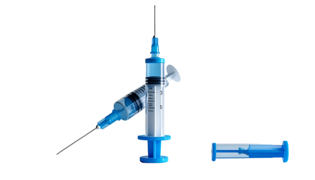 Two syringes with a detached cap against a black backdrop, one upright