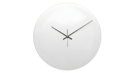 Minimalist wall clock with white face and black hands isolated on transparent background for time concept