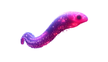 Stylized, glowing, elongated creature with gradient colors and speckles, on black