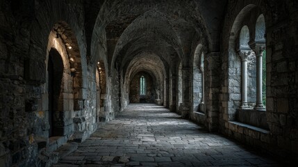 Ancient stone architecture of a European monastery's interior shows light streaming through a series of arches in the dark corridor