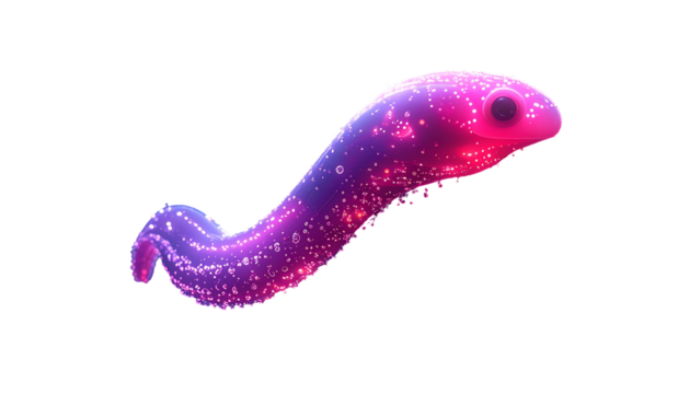 Stylized, glowing, elongated creature with gradient colors and speckles, on black