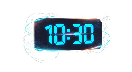 Digital clock displaying the time 1030 with futuristic glow isolated on transparent background