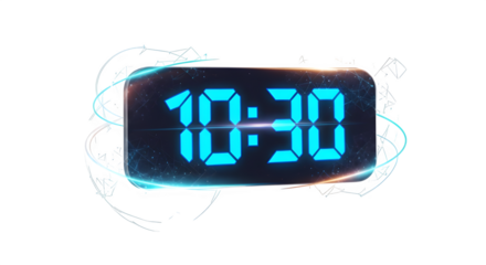 Digital clock displaying the time 1030 with futuristic glow isolated on transparent background