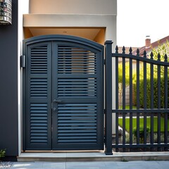 High dark grey home door aluminum gate gray slats portal garden of suburb house  