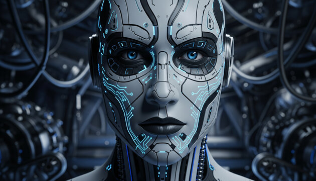 Close up of a futuristic cyborg face with intricate circuitry and glowing blue accents