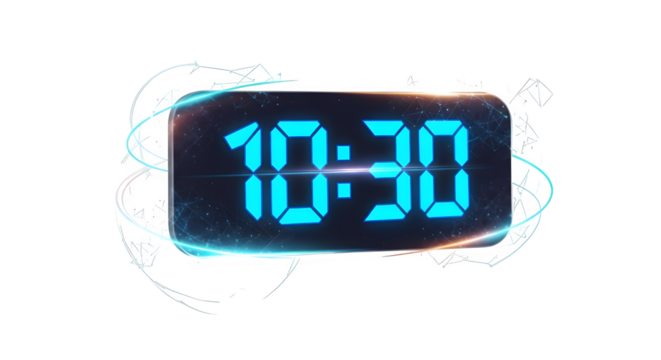 Digital clock displaying the time 1030 with futuristic glow isolated on transparent background