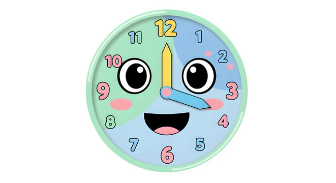 Cute cartoon clock with happy face isolated on transparent background showing the time